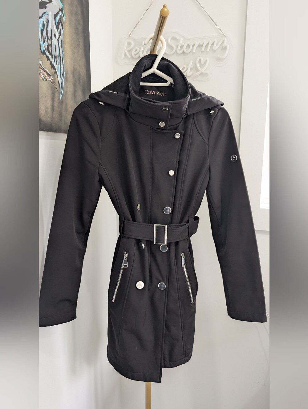 Calvin Klein Women’s Belted Softshell Trench Jacket - Black, Size XS  Ptp 19"